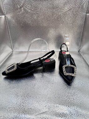 6 Catherine Malandrino Black Slingback Rhinestone Point Toe Heels Shoes Questy